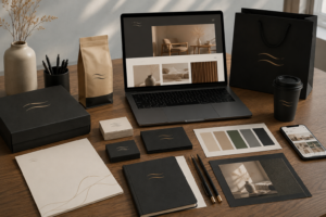 Composición profesional de identidad corporativa con logotipo, tarjetas, paleta de colores, packaging y diseño web.