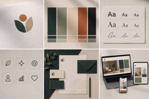 Composición de identidad visual con logotipo, paleta de colores, tipografías, iconos, papelería y aplicaciones digitales.