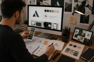 Diseñador trabajando en un proyecto de branding con bocetos, paleta de colores, tipografías y diseños digitales.