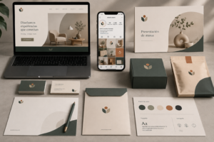 Identidad de marca aplicada de forma coherente en página web, redes sociales, tarjetas, packaging y papelería.