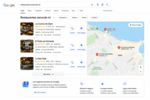 Resultados de Google Maps y Local Pack con empresas locales, mapa, reseñas, teléfonos y direcciones
