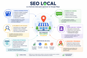 Infografía de SEO local con Google Business Profile, reseñas, NAP, palabras clave locales, página web y ubicación