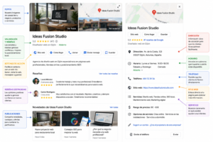 Perfil de Google Business Profile de una empresa con fotografías, estrellas, reseñas, horario, teléfono, dirección y botones de contacto