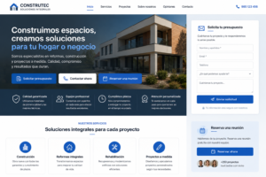 Página web profesional de una pequeña empresa con formulario de contacto y botones de llamada a la acción.