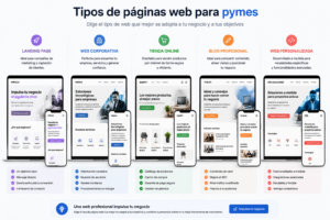 Comparación de diferentes tipos de páginas web para pymes: landing page, web corporativa, tienda online, blog y web personalizada.
