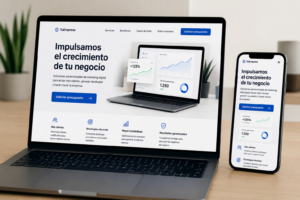 Landing page moderna y profesional en portátil y móvil con llamada a la acción