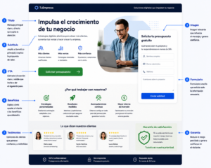 Elementos de una landing page efectiva: título, subtítulo, imagen, beneficios, CTA, formulario, testimonios y garantía