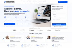 Landing page empresarial con CTA, formulario, testimonios y elementos de confianza