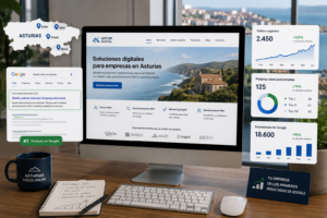 Empresa asturiana mejorando su posicionamiento web en Google mediante SEO, con página web profesional, resultados de búsqueda y gráficos de tráfico.