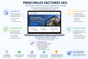 Infografía sobre los principales factores SEO: contenido útil, velocidad de carga, diseño responsive, enlaces internos y autoridad del dominio.