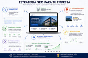 Estrategia SEO para una empresa con investigación de palabras clave, creación de contenido, optimización técnica, Google Business Profile y enlaces de calidad.