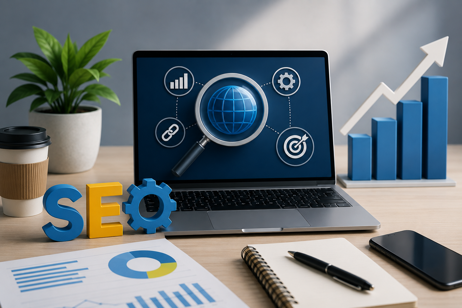 Ilustración sobre posicionamiento SEO, optimización web y crecimiento del tráfico orgánico para empresas.