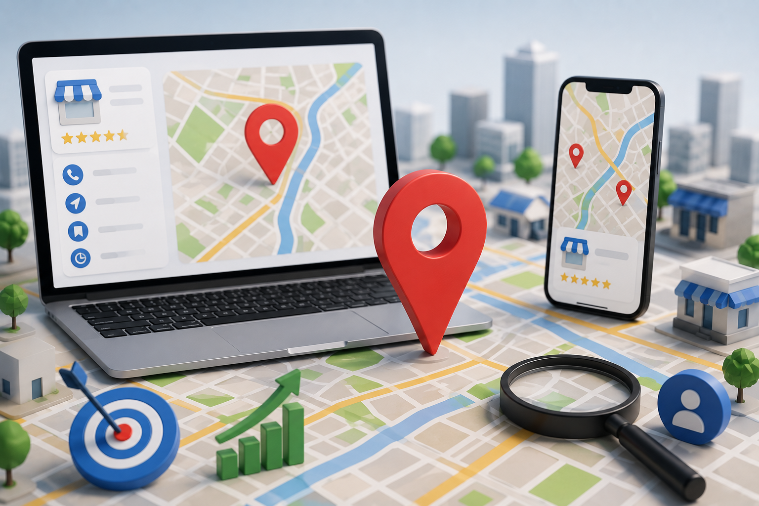 Ilustración de SEO local con un mapa digital, marcadores de ubicación, un portátil y un teléfono móvil mostrando una ficha de empresa para representar el posicionamiento en Google Maps.