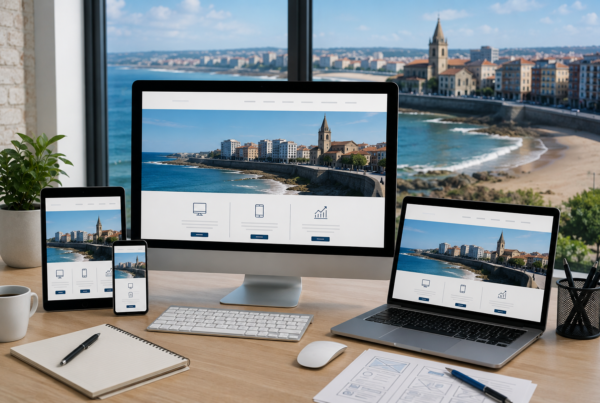 Diseño web en Gijón mostrando una página web profesional adaptada a ordenador, tablet y móvil