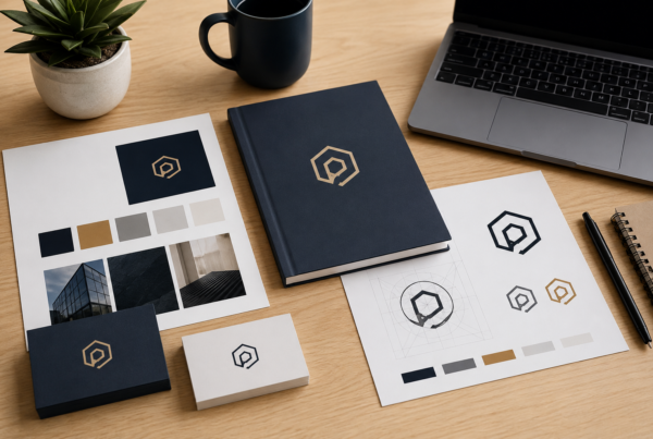 Identidad corporativa con elementos de branding, logotipo, colores y papelería profesional