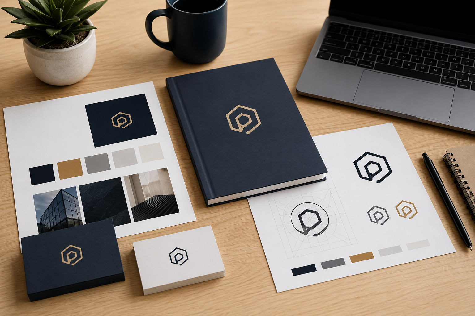 Identidad corporativa con elementos de branding, logotipo, colores y papelería profesional