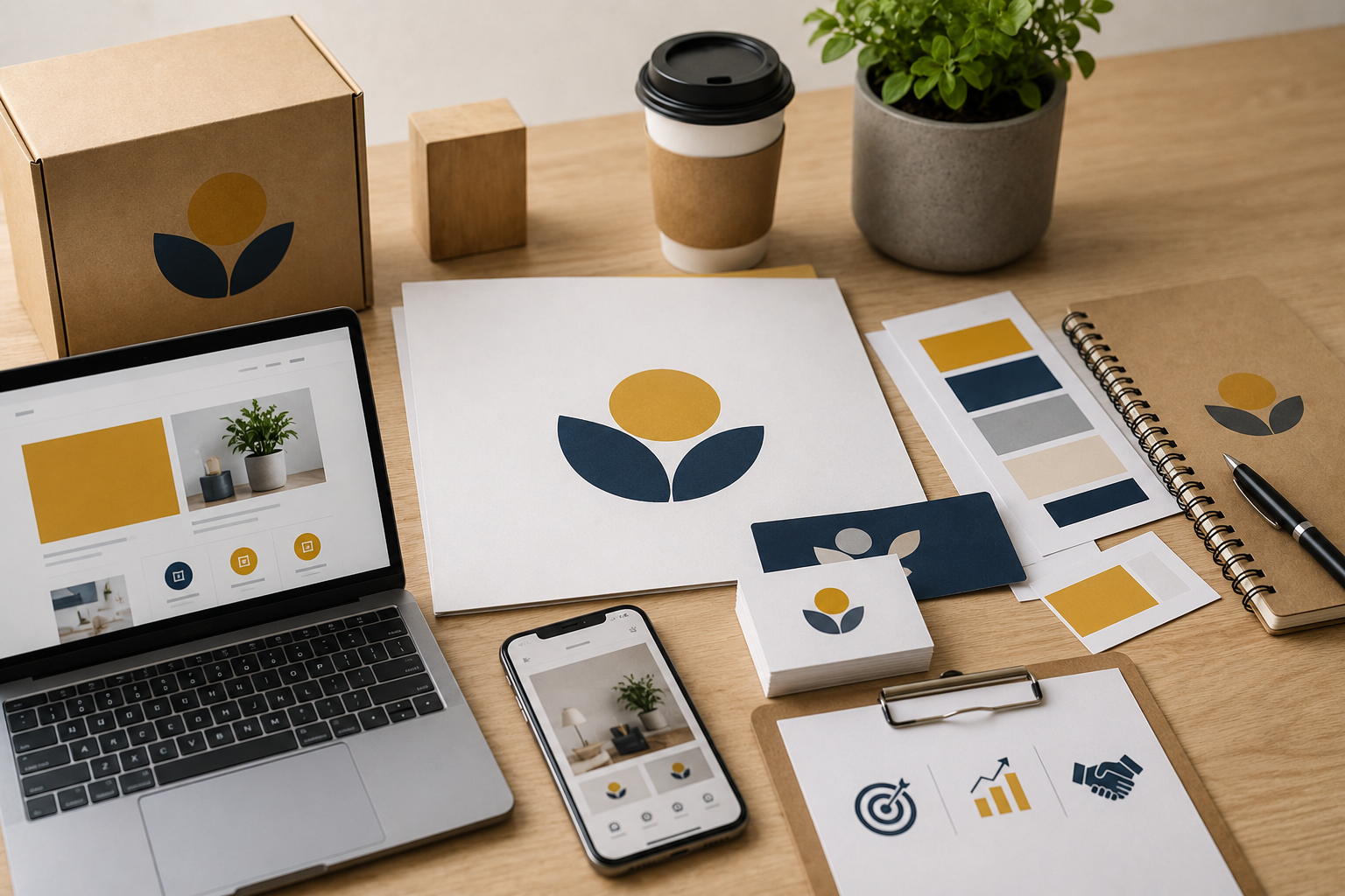 Branding para pequeñas empresas con identidad corporativa, diseño web y elementos visuales profesionales