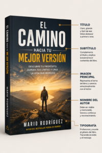 Diseño de una portada de libro mostrando el título, subtítulo, nombre del autor, imagen principal y tipografía profesional.