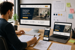 Diseñador web creando una página web responsive para una pequeña empresa con ordenador, dispositivos móviles y prototipos de interfaz de usuario.