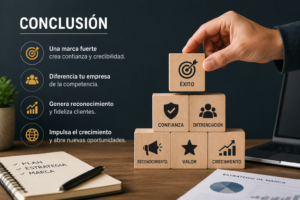 Conclusión sobre branding para pequeñas empresas mostrando los beneficios de una marca sólida como confianza, diferenciación, reconocimiento y crecimiento.