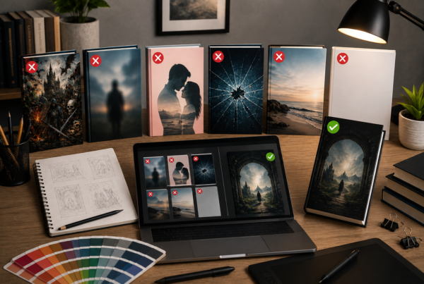 Diseño de portadas para libros mostrando errores comunes y proceso de creación de cubiertas profesionales