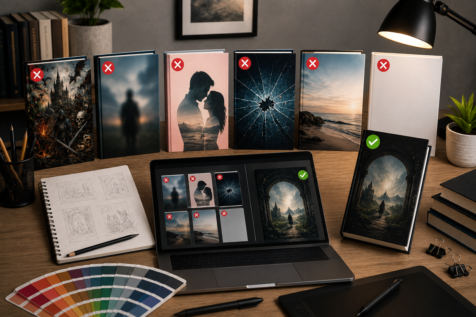 Diseño de portadas para libros mostrando errores comunes y proceso de creación de cubiertas profesionales