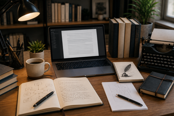 Ghostwriter profesional escribiendo un libro con herramientas de escritura y planificación editorial