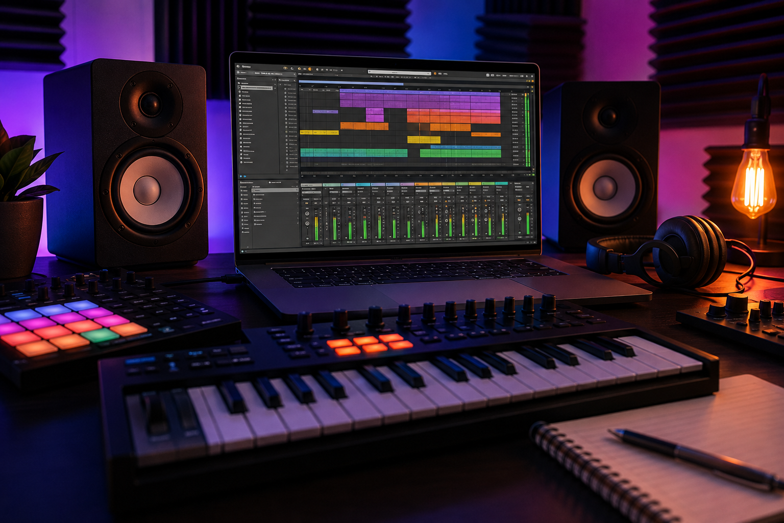 Producción musical profesional con DAW, teclado MIDI, controlador de pads y monitores de estudio para crear beats desde cero.