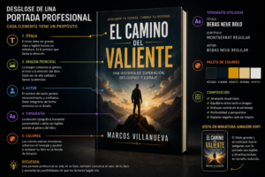 Portada profesional de un libro desglosada visualmente mostrando el título, autor, imagen principal, tipografía, colores y composición.