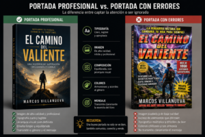 Comparación visual entre una portada profesional y otra con errores de diseño, incluyendo imagen pixelada, exceso de elementos, tipografía ilegible y mala composición.