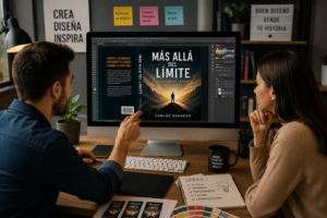 Diseñador gráfico trabajando con un cliente en un estudio creativo mientras revisan una portada de libro en un ordenador.