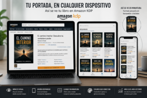 Portada profesional de un libro mostrada en Amazon Kindle/KDP en un portátil, tablet y smartphone, destacando su apariencia y legibilidad en formato miniatura.