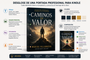 Portada profesional de Kindle desglosada visualmente, señalando el título, imagen principal, autor, tipografía, colores y composición.