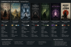Varias portadas de libros del mismo género comparadas visualmente, mostrando diferencias de colores, tipografías, imágenes y estilos.