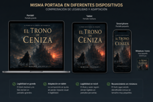 Una misma portada de libro mostrada en portátil, tablet y smartphone, incluyendo una versión en miniatura para comprobar la legibilidad del título.
