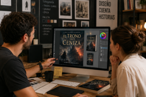 Diseñador gráfico trabajando con un cliente en un estudio creativo mientras revisan una portada de libro en un ordenador.