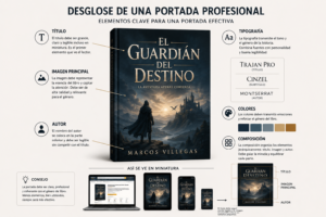 Portada profesional de un libro desglosada visualmente con título, autor, imagen principal, tipografía, colores y composición