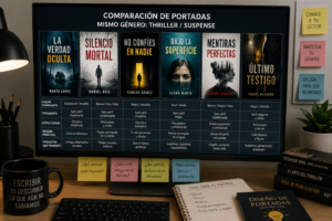 Varias portadas de libros del mismo género comparadas visualmente por colores, tipografías, imágenes y estilos