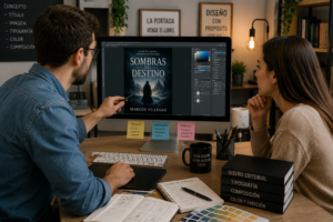 Diseñador gráfico trabajando con un cliente en un estudio creativo mientras revisan una portada de libro
