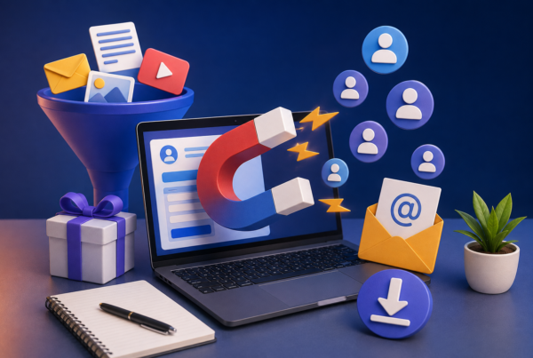 Lead Magnet ilustrado con portátil, embudo de conversión, correo electrónico y recursos digitales para captación de clientes.