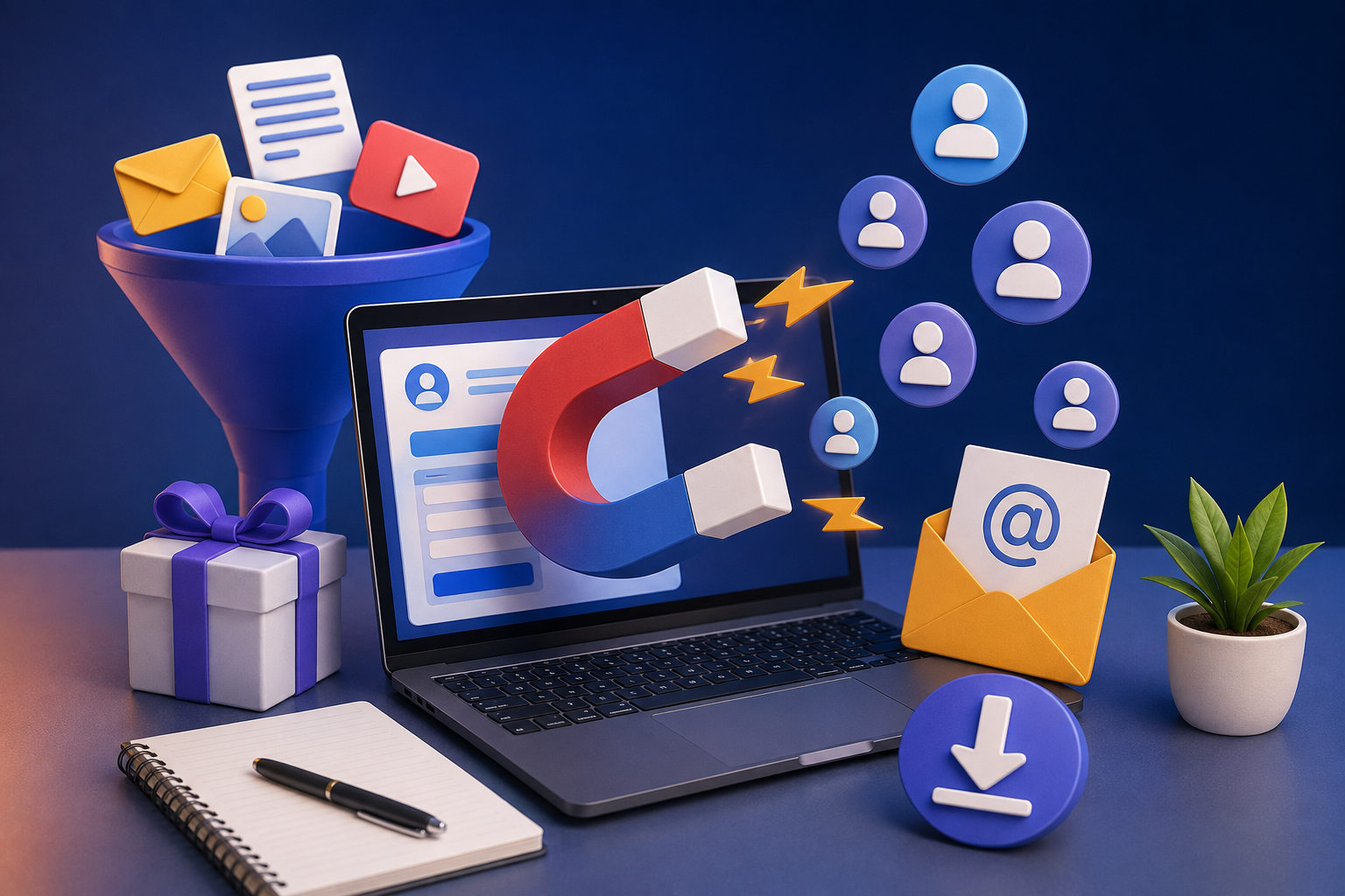 Lead Magnet ilustrado con portátil, embudo de conversión, correo electrónico y recursos digitales para captación de clientes.
