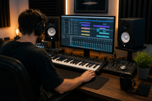 Productor musical trabajando en un estudio con ordenador, teclado MIDI y monitores de estudio creando un beat profesional.