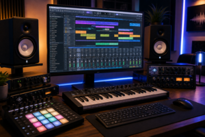 Pantalla de producción musical con un DAW abierto, teclado MIDI y monitores de estudio para crear beats profesionales.