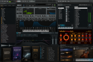 Pantalla de mastering con ecualizador, compresor y medidores de audio para finalizar un beat profesional.