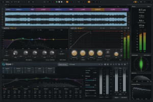 Pantalla de mastering con ecualizador, compresor y medidores de audio para finalizar un beat profesional.