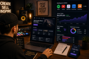 Beatmaker vendiendo beats online desde un portátil con plataformas de distribución y gráficos de ventas.