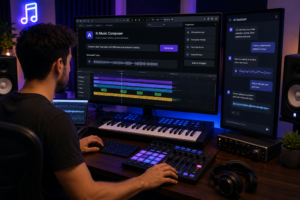Productor musical utilizando herramientas de inteligencia artificial para crear música y beats.