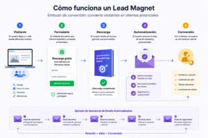 Embudo de conversión mostrando visitante, formulario, descarga del recurso y automatización de email marketing.