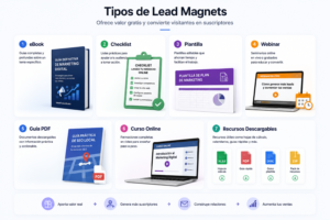 Colección de lead magnets con eBook, checklist, plantilla, webinar, guía PDF, curso online y recursos descargables.