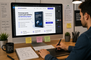 Diseñador creando una landing page optimizada con llamada a la acción y formulario de captación de leads.